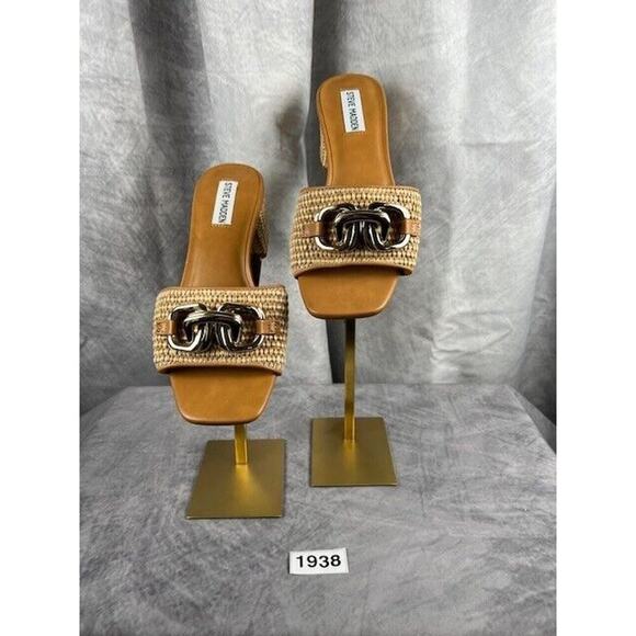 Steve Madden Santana Slide Sandals Womens 8.5 Raffia Accents Square Toe Boho - Picture 1 of 6